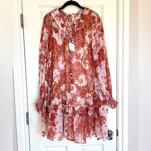 Anthropologie Rust and Cream flowy long sleeve dress 1X with slip